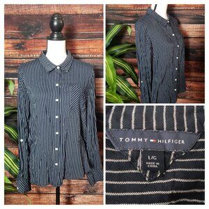Tommy Hilfiger Large Top Blouse Navy Blue Striped Flowy Rayon Roll Tab Cuffs